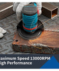 Close-up of 10 Pc Premium 3 Inch Flat Flap Sanding Discs With 8 Hole Design For Super Efficient Dust Evac grinding metal surface.