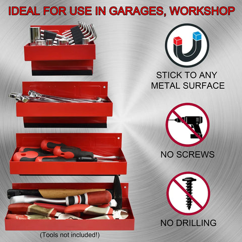 4 Piece Magnetic Tool Tray Set With Red Metal Trays And Strong Magnets For Van Workshop Storage And Garage Toolbox Organization