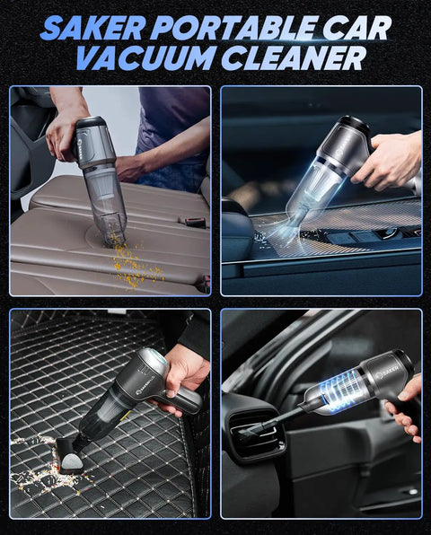Person using Cordless Handheld Car Vacuum Cleaner 15000 Pa High Power With Brushless Motor And Blower on car seat and dashboard