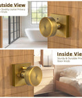 Vintage Style Brass Finish Square Door Knob With Privacy Lock, Interior Door Knob For Bedroom And Bathroom, Lockable Antique Look Door Handle, Old School Classic Vibe, shown on interior bedroom and bathroom door.