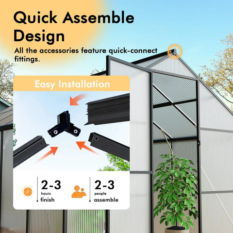 Walk In Outdoor Greenhouse Kit 8 By 14 Feet with easy installation and aluminum frame visible, showing assembly steps.