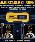 Beefy Level 2 EV Charger Delivers 32 Amp Up To 7.6 KW With A 25 Foot Cable For Indoor Outdoor Use SAE J1772 Compatible NEMA 5 15 And 14 50 Adapters Included CSA Certified Fast Home Charging, showing adjustable current description and images of NEMA adapters.