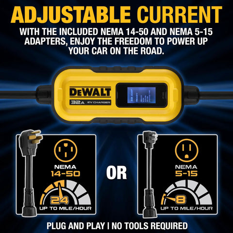 Beefy Level 2 EV Charger Delivers 32 Amp Up To 7.6 KW With A 25 Foot Cable For Indoor Outdoor Use SAE J1772 Compatible NEMA 5 15 And 14 50 Adapters Included CSA Certified Fast Home Charging, showing adjustable current description and images of NEMA adapters.