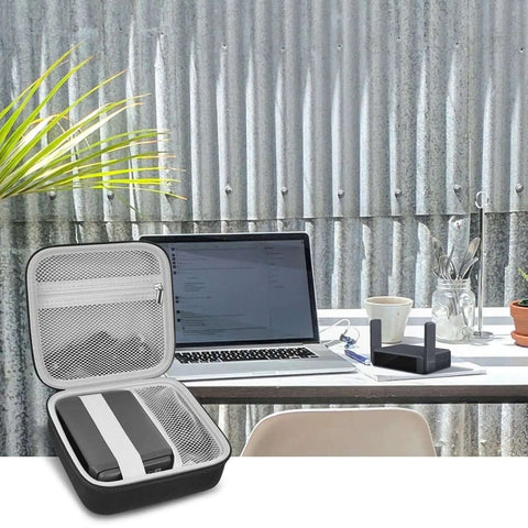 Slick Clutch Hard Shell Case For Travel Routers With Snug Mesh Pocket And Heavy Duty Zipper For Gl Mt3000 Gl Be3600, shown open on desk.