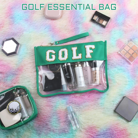 Golf Gifts Must Have Cosmetic Makeup Bag With Chenille Patch Clear PVC Organizer Pouch with toiletries on colorful background