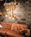Six Heads Hemp Rope Pendant Light With Vintage Bamboo Chandeliers Fixture Over Sofa