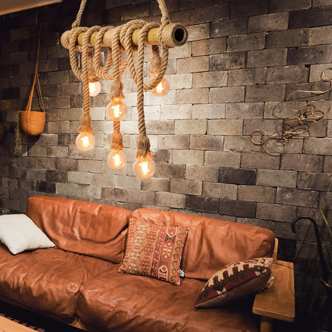 Six Heads Hemp Rope Pendant Light With Vintage Bamboo Chandeliers Fixture Over Sofa