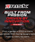 RISK Racing promotional image with motocross bike, slogan 'Built from Passion. Driven by Innovation. Since 2002.'