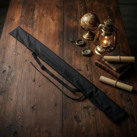 Katana Sword Bag With Strap Black Carry Case For Samurai Swords on wooden table with vintage decor