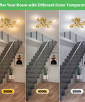Industrial Gold 4 Light Dope Semi Flush Mount Sputnik Ceiling Light Fixture with E26 Sockets illuminating staircases at different color temperatures.