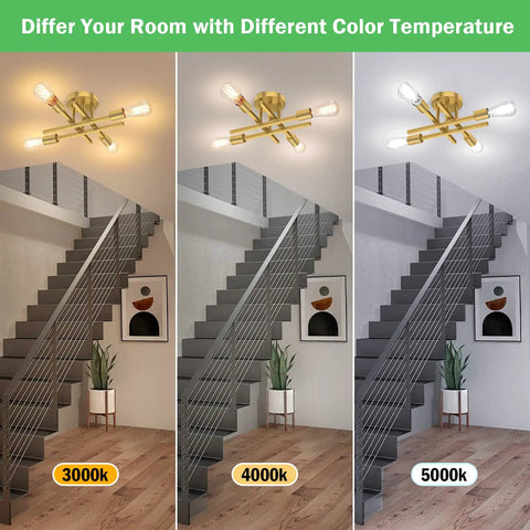 Industrial Gold 4 Light Dope Semi Flush Mount Sputnik Ceiling Light Fixture with E26 Sockets illuminating staircases at different color temperatures.