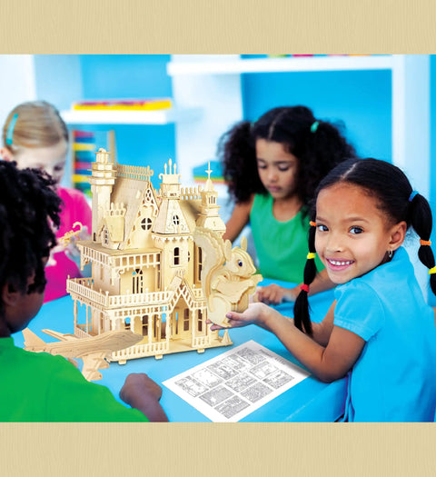Children building a detailed wooden puzzle house model in a classroom setting.