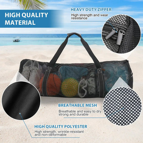 Oversized Mesh Dive Bag Duffle For Scuba Gear With Shoulder Strap And Carabiner Keychain, 37 By 15 By 15 Inches on beach