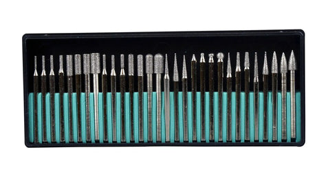 30 Piece Diamond Burr Set With 80 Grit Assorted Burrs For Die Grinders And Rotary Tools Includes Ball Cone Needle Point Tapered Flat Top Cylinder And Rounded Burrs Pro Grade Quality Great For Jewelry Making Lapidary Crafts And Home Repair, neatly arranged in a black case.