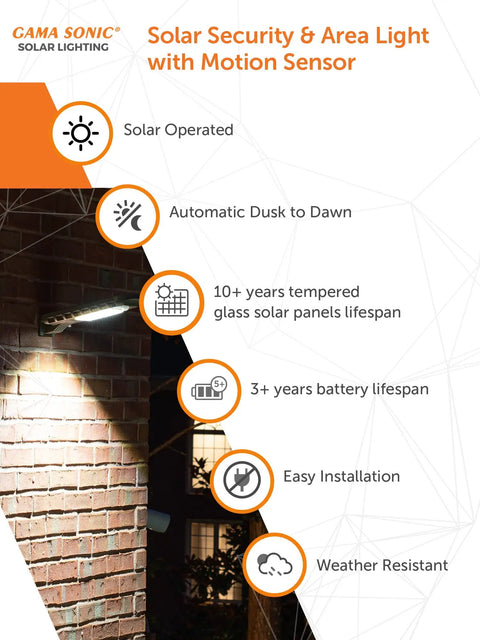 Wall-mounted Powerful 12-Watt Waterproof Outdoor Solar Security Light With PIR Motion Sensor And Timer illuminating a brick wall.
