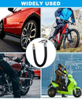 Badass 8 Inch Tire Inflator Hose Adapter Nylon Braided Extension Hose Locking Chuck Connector Quick Connect Pump Zero Leak Super Smooth Flow For All Cars Trucks Keeps Pressure Stable Your Road Trips, shown with car, bike, and scooter use