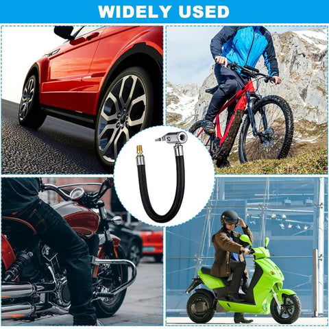 Badass 8 Inch Tire Inflator Hose Adapter Nylon Braided Extension Hose Locking Chuck Connector Quick Connect Pump Zero Leak Super Smooth Flow For All Cars Trucks Keeps Pressure Stable Your Road Trips, shown with car, bike, and scooter use