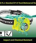 Jobsite Ready Intrinsically Safe Dual Function Headlamp for Hazardous Locations shown waterproof in water splash test.
