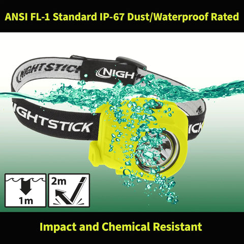 Jobsite Ready Intrinsically Safe Dual Function Headlamp for Hazardous Locations shown waterproof in water splash test.