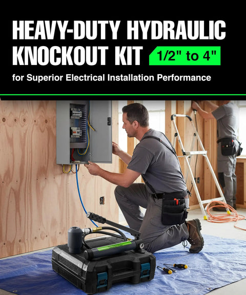 Electrician using Hydraulic Knockout Punch Set 1/2 To 4 Inch, 15-Ton Capacity, Includes 10 Dies, for metal fabrication in panel box.