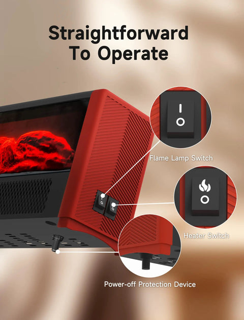 Close-up of Cozy 600W Realistic Flame Space Heater For Desk And Home Office Fast Heat Portable Mini Electric Heater controls