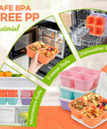 Four Compartment Bento Lunch Box Pack For Meal Prep, Stackable Reusable Containers, BPA Free Wheat Straw Lunch Boxes shown in fridge, dishwasher, and microwave