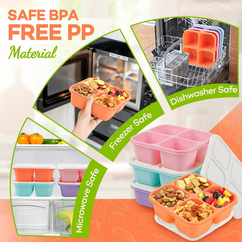 Four Compartment Bento Lunch Box Pack For Meal Prep, Stackable Reusable Containers, BPA Free Wheat Straw Lunch Boxes shown in fridge, dishwasher, and microwave