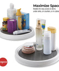 9 Inch Non Slip Pantry Cabinet Lazy Susan Turntable Set Of 2 Spinning Organizer with non skid liners holding bathroom items.