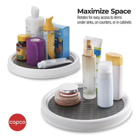 9 Inch Non Slip Pantry Cabinet Lazy Susan Turntable Set Of 2 Spinning Organizer with non skid liners holding bathroom items.