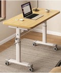 Game Changer Adjustable Standing Desk For Home Office And Gaming Setup Smooth Height Switch Lightweight Light Brown on wheels with laptop