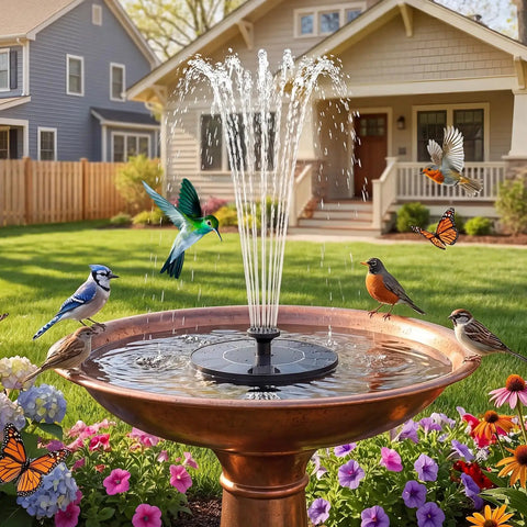 Solar Bird Bath Fountain With Six Nozzles Solar Powered Floating Pond Pump for garden attracting birds with bold water spray