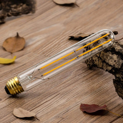 Dimmable 6W Edison Tubular LED Bulb T10 T30 with E26 Base, 4000K, 7.3 inch length on wooden surface