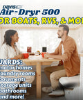 Couple in RV dining area using Air-Dryr 500 Marine Dehumidifier For Boats, RVs And Small Rooms Quiet, Energy Efficient Humidity Control.