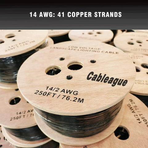 Low Voltage Landscape Lighting Wire For Outdoors 14 AWG Two Conductor 14 Gauge 2C 250 Feet Black Waterproof Direct Burial Cable Pure Copper UL Listed CL2 ETL Compliant Ideal For Pro Grade Outdoor Lighting