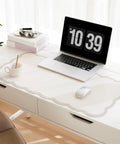 Stylish Scallop Edge Desk Mat Crafted From Smooth Faux Leather Blend With No Sweat Cleanup used with a laptop and mouse.