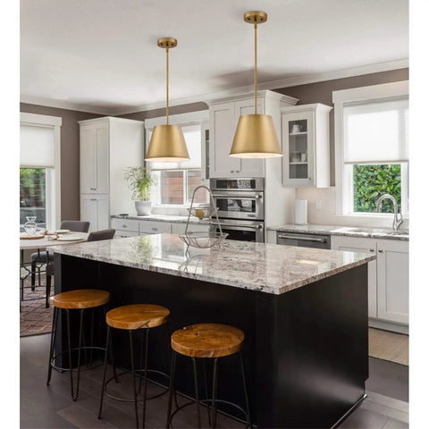 Kitchen with Derose Transitional One Light Indoor Pendant Light In Brushed Brass Finish That Works With Sloped Ceilings Modern Home Fixture With Adjustable Rods For Custom Height And Easy Installation over island