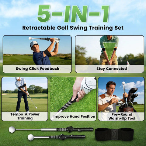 5-in-1 retractable golf swing trainer with arm band for right-handed practice, showing tempo, grip, and posture training features.