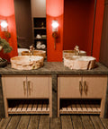 Next Level Petrified Fossil Wood Vessel Sink featuring irregular natural stone silhouette and polished interior for above counter vanity set.