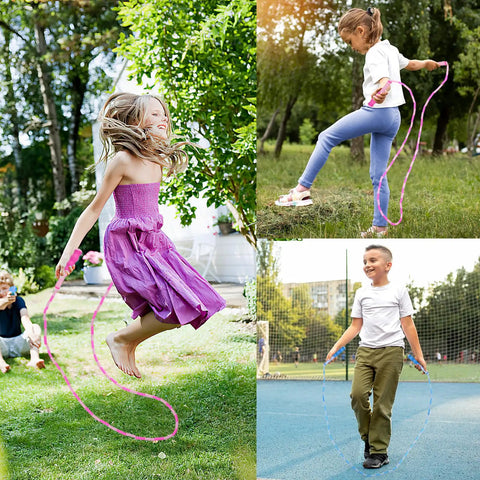 Kids using Adjustable Jump Rope For Kids And Teens, Tangle Free Beaded Skipping Rope, 100-110 Inch Length, in a park setting