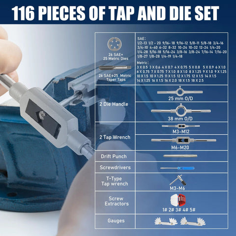 Anfrere 116-piece tap and die set with SAE/metric taps, two die handles, on a blue bench vise
