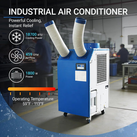 Heavy Duty Portable Air Conditioner 18700 BTU Rock Solid Spot Cooler for workshop with dual exhaust vents and control panel.