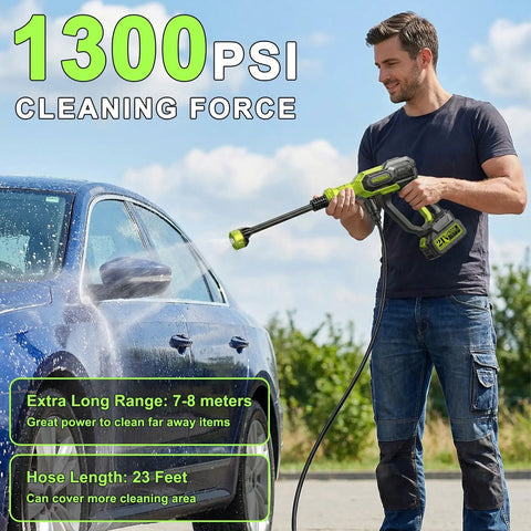 Top Shelf Cordless Handheld Washer With Brushless Motor Portable Pressure Washer Featuring Hella Strong Water Flow And Three Adjustable Pressure Settings For Cars And Gear in action cleaning a blue car.