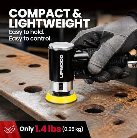 Mini Orbital Air Sander Kit For Two Inch And Three Inch Sanding in use on metal surface