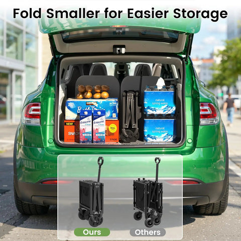 Heavy Duty Collapsible Wagon Cart That Hauls Up To 220Lb With All Terrain Wheels And 360 Degree Rotation Portable Utility Cart folded in car trunk