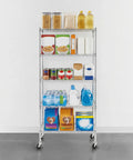 5 Tier Heavy Duty Steel Wire Shelf On Wheels NSF Certified Utility Rack 18x36x72 Inches Great For Garage Home Shop Ample Storage With Smooth Roll Casters Industrial Grade Racking, filled with pantry items