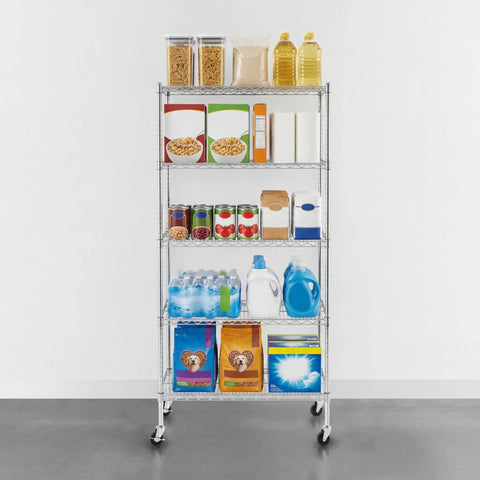 5 Tier Heavy Duty Steel Wire Shelf On Wheels NSF Certified Utility Rack 18x36x72 Inches Great For Garage Home Shop Ample Storage With Smooth Roll Casters Industrial Grade Racking, filled with pantry items