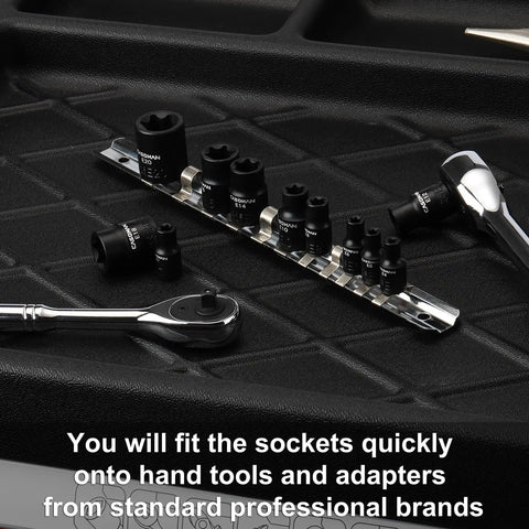 Eleven Piece Female Torx Socket Set With E Torx And Star Sockets Pro Grade Heavy Duty One Quarter And Three Eighths Inch Drives Drop Forged Chrome Vanadium Black Phosphate Finish Includes Rail Clip On Storage