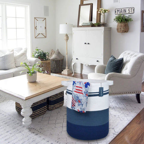 Oversized Cotton Rope Laundry Hamper Tall Stand Up Basket For Nursery Storage For Moms And Dads Toys Clothes Towels Gradient Blue Safe Chemical Free Material Sturdy Woven Design That Stands Up On Its Own in cozy living room setting