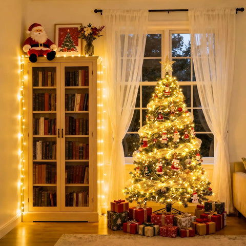 Bright 100 LED String Lights Indoor Outdoor 33 Ft With 8 Modes Warm White Plug In Connectable on Christmas tree in living room
