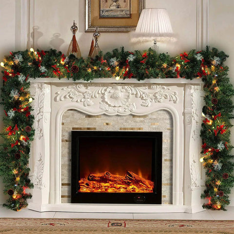 Fireplace with garland decor, showcasing 20 Sheets Faux Stone Peel and Stick Backsplash Tiles in Beige Marble Look PVC for kitchen.